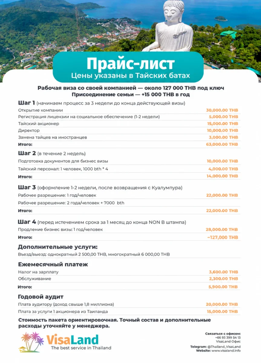 Рабочая виза со своей компанией: около 127 000 THB; семейный вариант +15 000 THB в год